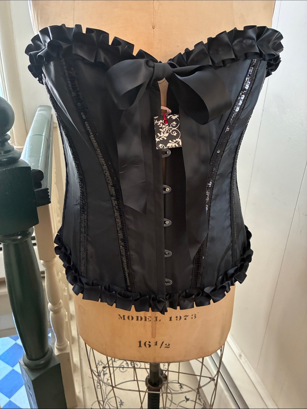 Black Satin Ruffled Corset Top with Bow